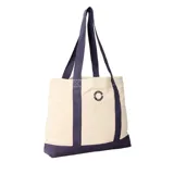 Bolso de mano tipo tote Rip Curl, color beige con detalles en azul marino. Presenta el logo de la marca estampado en el centro y doble asa de hombro.