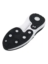 Championes Under Armour Phantom 4 de estilo urbano y deportivo, color negro con suela blanca. Presentan un diseño de cuello de punto tipo calcetín, contrafuerte de TPU en el talón y amortiguación UA HOVR+ para mayor retorno de energía.
