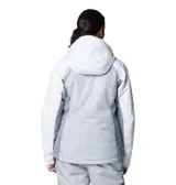 Campera técnica de esquí Columbia con tecnología Omni-Tech impermeable y forro termorreflectante Omni-Heat. Presenta diseño tricolor en tonos gris y blanco, capucha ajustable compatible con casco, cierre frontal con solapa protectora, bolsillo en el pecho con cremallera sellada y puños con orificios para pulgares.
