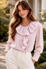 Camisa de algodón color rosa claro, con cuello redondo adornado con un volante fruncido que se extiende verticalmente a lo largo de la botonadura frontal. Presenta mangas largas con puños ajustados mediante botones y una textura sutil a rayas verticales en la tela.