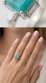 Anillo de plata 925 con piedra central de agua marina en corte rectangular y circonias laterales en corte baguette.