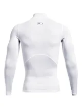 Remera térmica deportiva Under Armour modelo HG Armr Comp Mock LS, de color blanco, manga larga y cuello alto con el logo de la marca impreso. Diseño de compresión con ajuste ceñido al cuerpo.