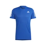 Remera deportiva Adidas Own The Run, color azul con logo blanco y tres tiras blancas en las mangas.