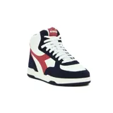 Championes de caña alta Diadora T3 Raptor High Sl, color blanco, azul marino y rojo. Confeccionados en cuero sintético y gamuza, con cordones blancos y suela de goma. Logo de la marca en el lateral y en la lengüeta.