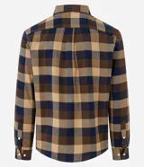 Camisa de franela para hombre, modelo comfort, con estampado de cuadros en tonos azules, blancos y negros, cuello camisero, manga larga y cierre frontal de botones.