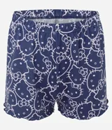 Pijama short doll de dos piezas en color azul marino con estampa integral de Hello Kitty en tono claro. Consta de una musculosa de tirantes finos con escote en V decorado con un pequeño lazo y un short con cintura elástica.