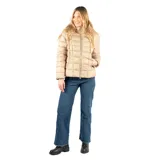 Campera puffer beige de poliéster, con capucha, cierre frontal, bolsillos laterales y calce al cuerpo.