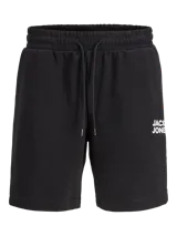 Short de buzo negro con cintura elástica con cordón ajustable y logo de la marca estampado en blanco en el lateral.