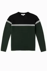 Sweater de acrílico con rayas horizontales en negro, gris y verde oscuro.