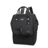 Mochila de canvas color beige con múltiples cierres y monedero colgante. Incluye bolsillos laterales y bolsillo trasero antirrobo.