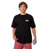 Remera Rusty Ximit de color negro, con diseño de manga corta y cuello redondo, destacando un pequeño logo estampado en el pecho.