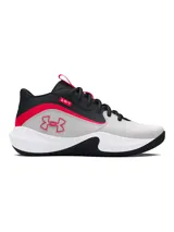 Championes de básquetbol Under Armour Lockdown 7, con diseño en combinación de colores gris, negro y detalles en rojo. Presentan parte superior de malla transpirable con superposiciones de cuero, entresuela de EVA para mayor amortiguación y suela de caucho con patrón de tracción en espiga.