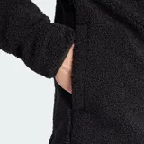 Buzo de tela fleece gruesa Adidas Terrex de color negro, con cuello alto, cierre frontal parcial con botones a presión, bolsillo frontal con solapa y el logo de Terrex en el pecho.