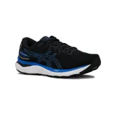 Championes de running Asics Gel-Cumulus 24 SE, color negro con detalles en azul y suela blanca. Incorporan tecnología FF Blast en la entresuela y amortiguación de gel para mayor comodidad y rendimiento en cada pisada.