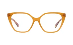 Armazón para lentes Demenego modelo 144/54, color naranja con detalles estampados en las patillas. Diseño cateye de acetato.