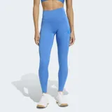 Calza deportiva Adidas de tiro alto, color azul, con diseño ajustado y tecnología AEROREADY para absorción de humedad. Presenta costuras mínimas y logo de la marca en el muslo.