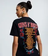 Remera de algodón color negro con cuello redondo y mangas cortas. Presenta un estampado gráfico en la espalda con el logo de la banda Guns N' Roses y una lista de ciudades en tonos rojos y naranjas, rodeado por un diseño de rosas.