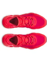 Championes de entrenamiento Under Armour modelo Halo Trainer, color rojo vibrante. Presentan tecnología de amortiguación UA HOVR reactiva, parte superior ligera con perforaciones para ventilación, estabilizador de tobillo y contrafuerte externo en el talón para mayor soporte y estabilidad.