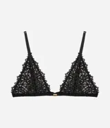 Soutien top triangular de encaje color borgoña, sin aro ni relleno, con breteles finos ajustables.