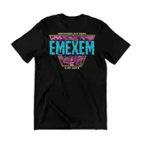 Remera negra de algodón con estampado gráfico en la espalda que incluye el texto 'EMEXEM' en color cian sobre un fondo triangular con detalles en rosa y amarillo, y la inscripción 'MONTEVIDEO CITY GRAFF. EST. 2009'.