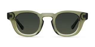 Gafas de sol redondas unisex, con montura verde oliva y lentes verdes polarizadas.