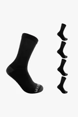 Pack de cinco pares de medias afelpadas de caña alta para caballero, color negro con talón y puntera en gris oscuro.