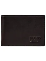 Billetera plegable de cuero color negro con diseño minimalista y logo de la marca grabado en relieve en la esquina inferior derecha.