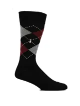 Medias de caña media con diseño argyle en rombos negros, grises y bordós, con detalle del logo de la marca bordado.