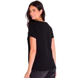 Remera negra de mujer con cuello en V y logo de Caterpillar estampado en plateado.