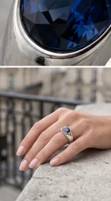 Anillo de plata con diseño de sello y cristal azul facetado en forma ovalada.