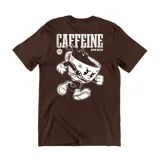 Remera de algodón color marrón con estampa gráfica en color blanco en la espalda que representa una taza de café con estilo de dibujo animado clásico.