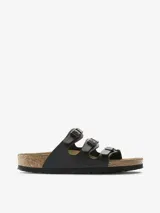 Sandalias Birkenstock modelo Florida, color negro, con tres tiras ajustables con hebillas metálicas y plantilla anatómica de corcho y látex.
