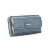 Billetera larga marca Lincoln's, color bordó con interior beige. Presenta un diseño con solapa frontal, múltiples compartimentos para tarjetas, visor y monedero con cierre.