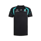 Remera deportiva Adidas de la escudería Mercedes-AMG Petronas de Fórmula 1, color negro con detalles en turquesa y blanco. Presenta los logos de Mercedes-AMG, Adidas y Petronas en el frente.