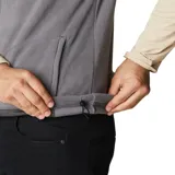 Chaleco de forro polar Columbia con cierre frontal completo, cuello alto, bolsillo vertical en el pecho y bolsillos laterales, todos con cierre.