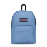Mochila celeste JanSport Superbreak Plus con compartimento interno para laptop y bolsillo lateral para botella.