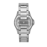 Reloj Maserati Sfida modelo R8853140005 para hombre. Caja de acero inoxidable plateada de 42mm, esfera negra con detalles en verde, cristal mineral y correa de acero inoxidable. Movimiento de cuarzo, resistente al agua hasta 100 metros.