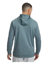 Buzo con capucha Under Armour modelo Armour Fleece Graphic, color azul grisáceo. Presenta un diseño con capucha ajustable mediante cordones, bolsillo frontal tipo canguro y el logotipo de la marca en relieve en el centro del pecho.