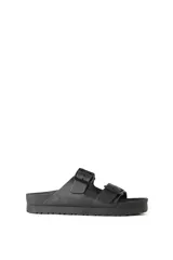 Sandalia de goma estilo Birkenstock, color negro, con doble tira ajustable con hebillas y suela anatómica.