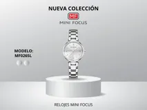 Reloj de pulsera Mini Focus modelo MF0265L para mujer, con movimiento de cuarzo japonés, caja de metal plateada, diámetro de 30mm, espesor de 0.3mm, malla de acero plateada de 17cm de largo y resistencia al agua 3ATM.