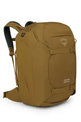 Mochila de viaje Osprey modelo Sojourn Porter 46L, color marrón, con sistema de compresión Straight Jacket, panel trasero AirScape y correas ocultables.
