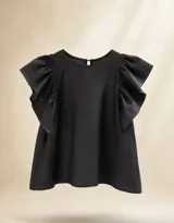 Blusa negra de lino con mangas con vuelo y pespuntes a contratono.