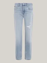 Pantalón de jean celeste de corte recto, con rotura en la rodilla y efecto desgastado.