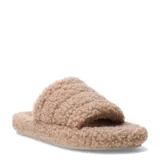 Pantufla abierta color beige, estilo slider, cubierta completamente de tejido de pelo rizado tipo borreguito.