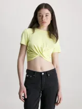 Remera cropped color amarillo pastel, de mangas cortas y cuello redondo. Presenta un panel frontal con twist.