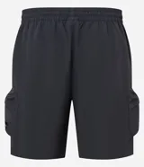 Bermuda cargo negra de tejido tecnológico (poliamida), con corte holgado, bolsillos laterales funcionales y cintura elástica con cordón ajustable.