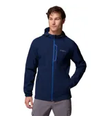 Campera tipo softshell con capucha, color azul marino, cierre frontal a presión y bolsillos laterales. Presenta un dobladillo trasero más largo para mayor cobertura.