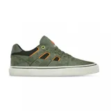 Championes de skate Emerica modelo Tilt G6 Vulc, en colaboración con OJ Wheels. Presentan un diseño en color verde oliva con detalles en negro y naranja, confeccionados en gamuza y lona. Cuentan con suela vulcanizada blanca y detalles de marca en la lengüeta y el lateral.
