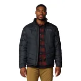 Campera puffer Columbia modelo Labyrinth Loop II Omni-Shield, de color negro, con cuello alto, cierre frontal y bolsillos laterales con cremallera. Presenta tecnología de aislamiento térmico y el logo de la marca bordado en el pecho.