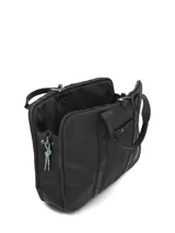 Maletín porta notebook Hush Puppies modelo Helston de color negro, con asas de mano fijas con el logo de la marca estampado y cierre principal con doble deslizador. Cuenta con un bolsillo frontal con broche a presión y el logo de la marca en el lateral.